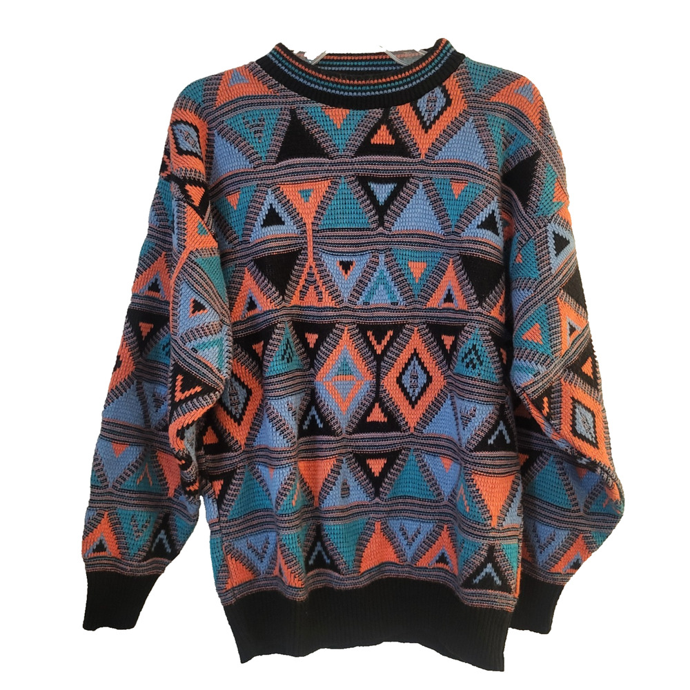 Vtg 1980s Gitano Pullover Sweater Womens Large Neon Blue Pink Geometric Knit USA